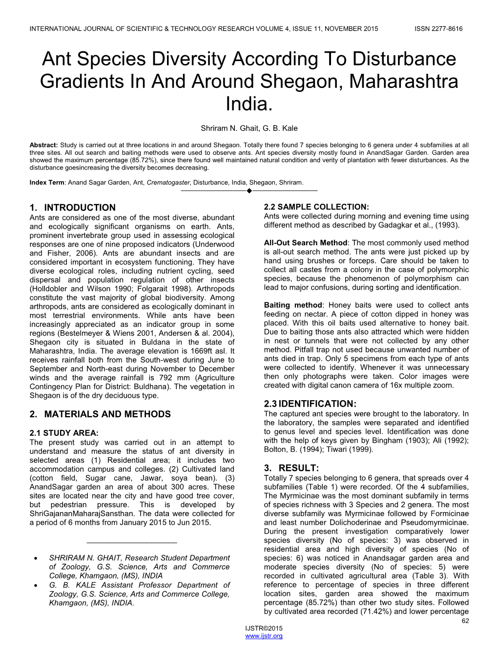 Ant Species Diversity According to Disturbance Gradients in and Around Shegaon, Maharashtra India