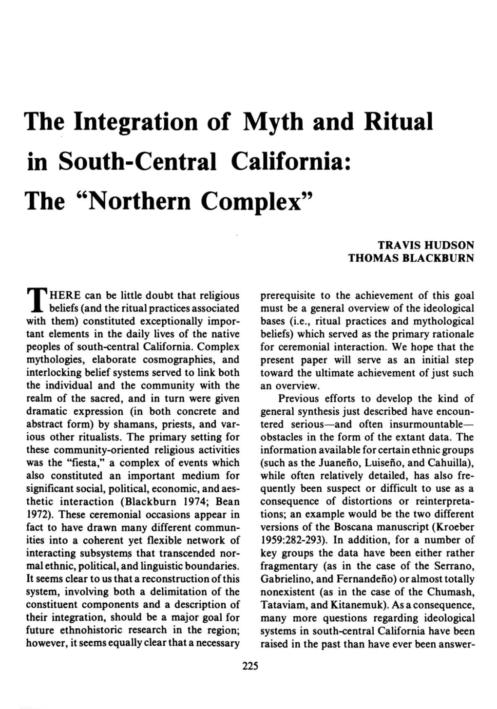 The Integration of Myth and Ritual in South-Central California: the "Northern Complex"