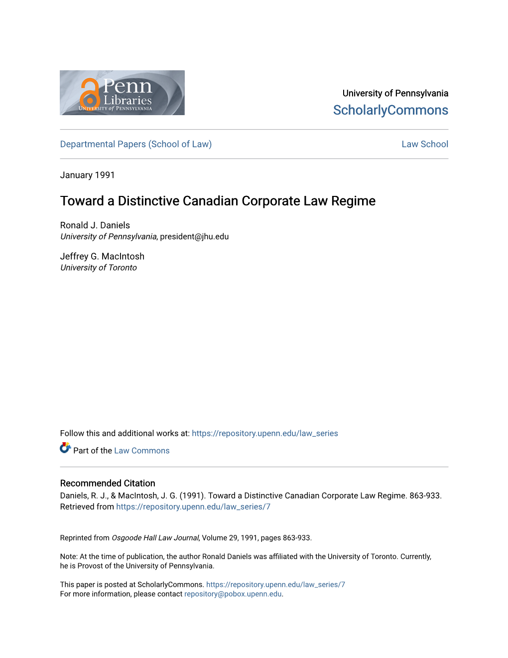 Toward a Distinctive Canadian Corporate Law Regime