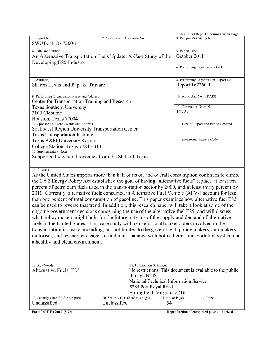 An Alternative Transportation Fuels Update: a Case Study of the October 2011 Developing E85 Industry 6