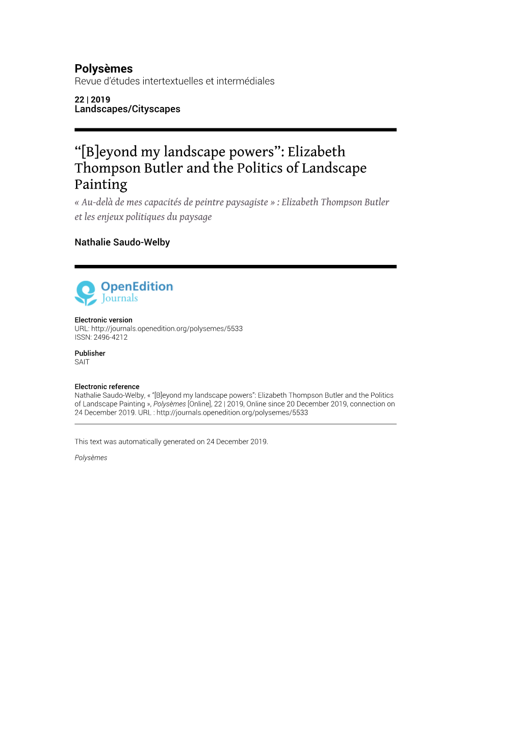 Polysèmes, 22 | 2019 “[B]Eyond My Landscape Powers”: Elizabeth Thompson Butler and the Politics Of