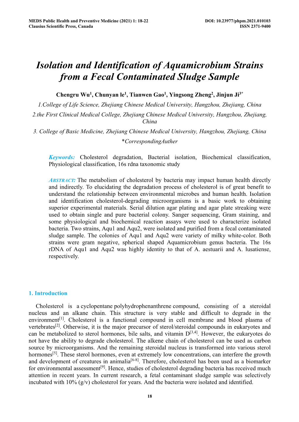 Isolation and Identification of Aquamicrobium Strains from a Fecal Contaminated Sludge Sample