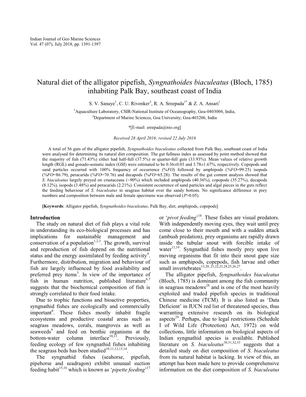 Natural Diet of the Alligator Pipefish, Syngnathoides Biaculeatus (Bloch, 1785) Inhabiting Palk Bay, Southeast Coast of India