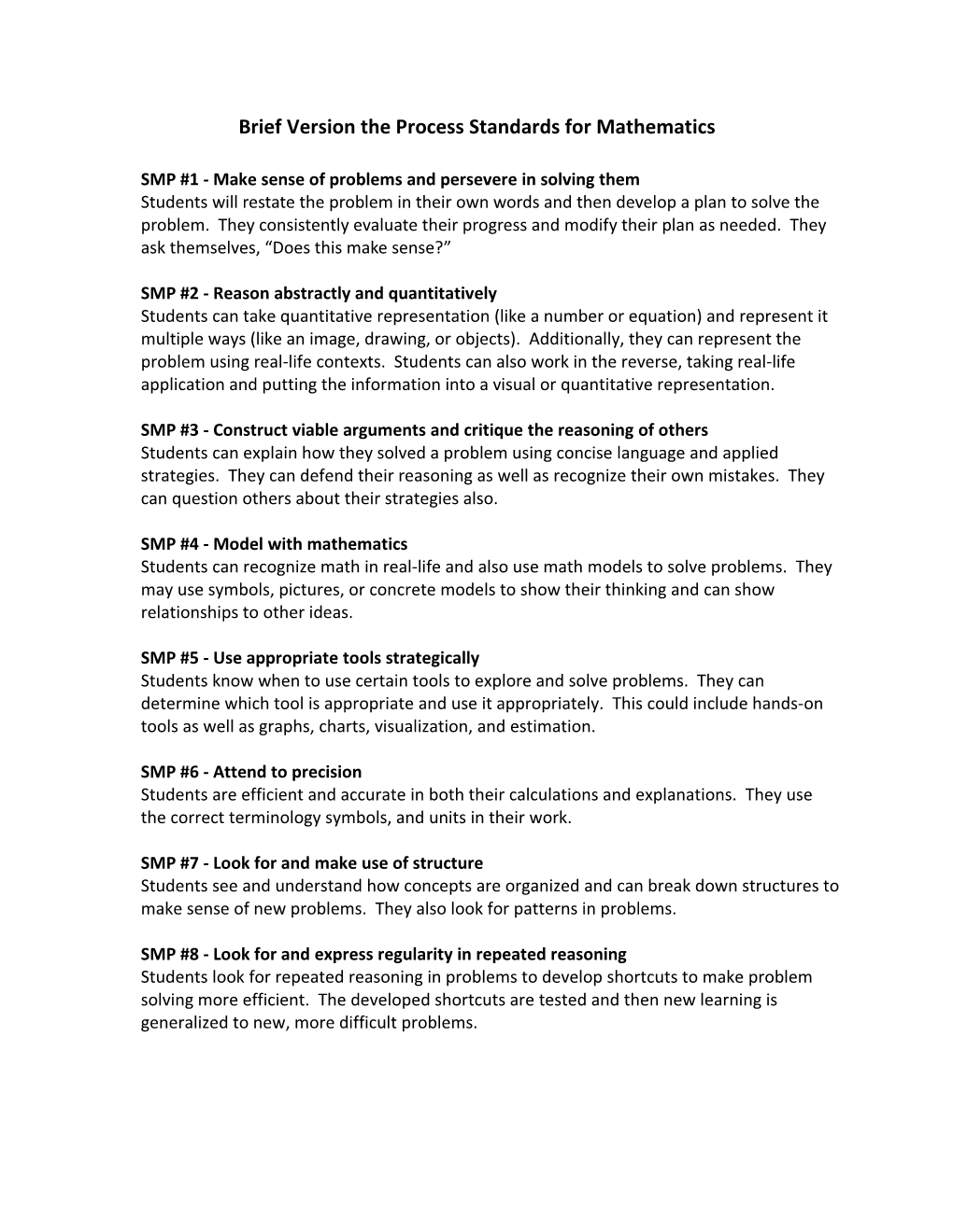 Brief Version the Process Standards for Mathematics