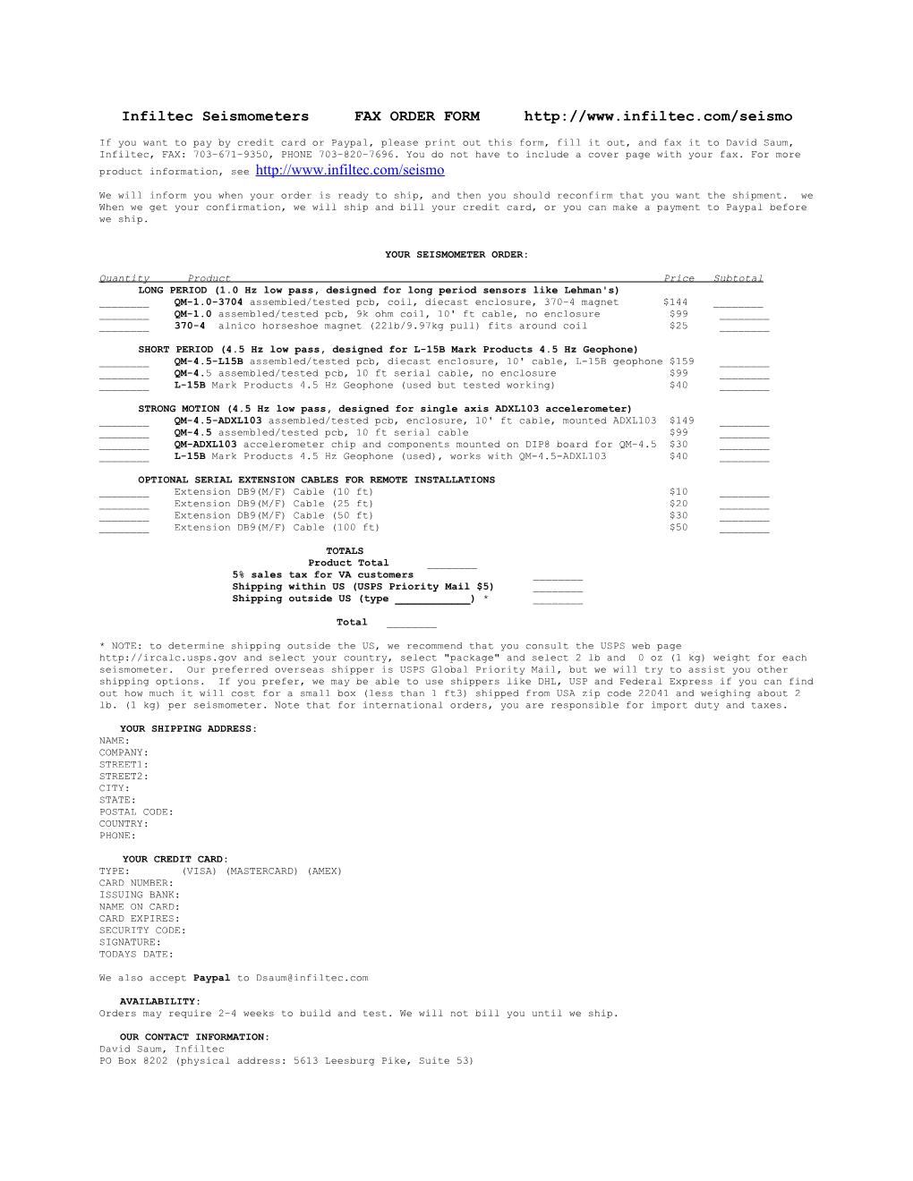 Infiltec Seismometers FAX ORDER FORM