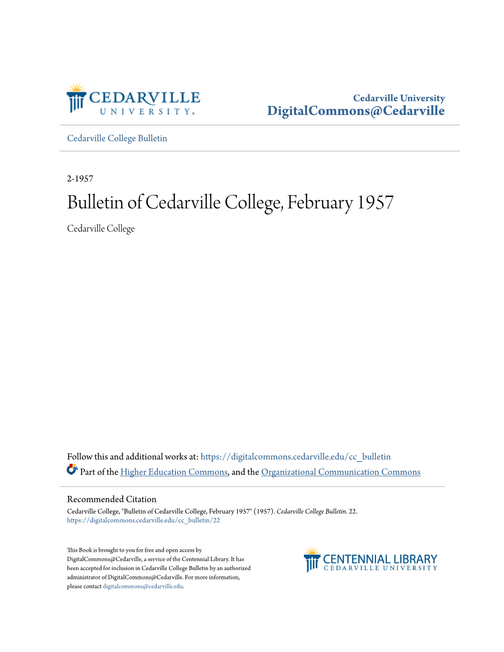 Bulletin of Cedarville College, February 1957 Cedarville College
