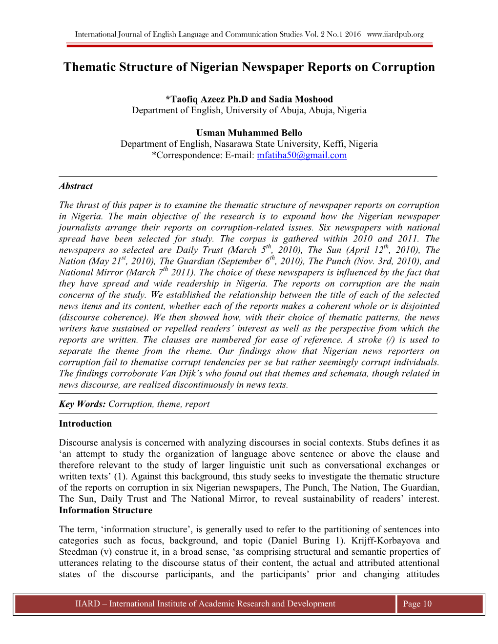 Thematic Structure of Nigerian Newspaper Reports on Corruption