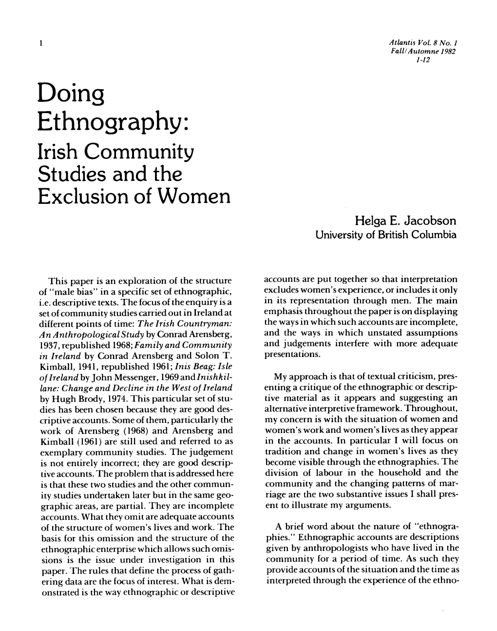 Doing Ethnography: Irish Community Studies and the Exclusion of Women Helga E