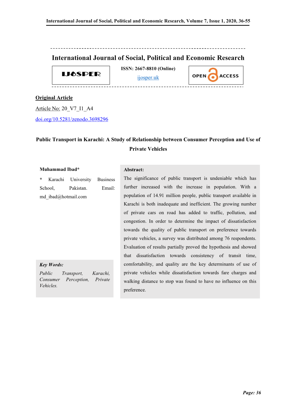 International Journal of Social, Political and Economic Research, Volume 7, Issue 1, 2020, 36-55