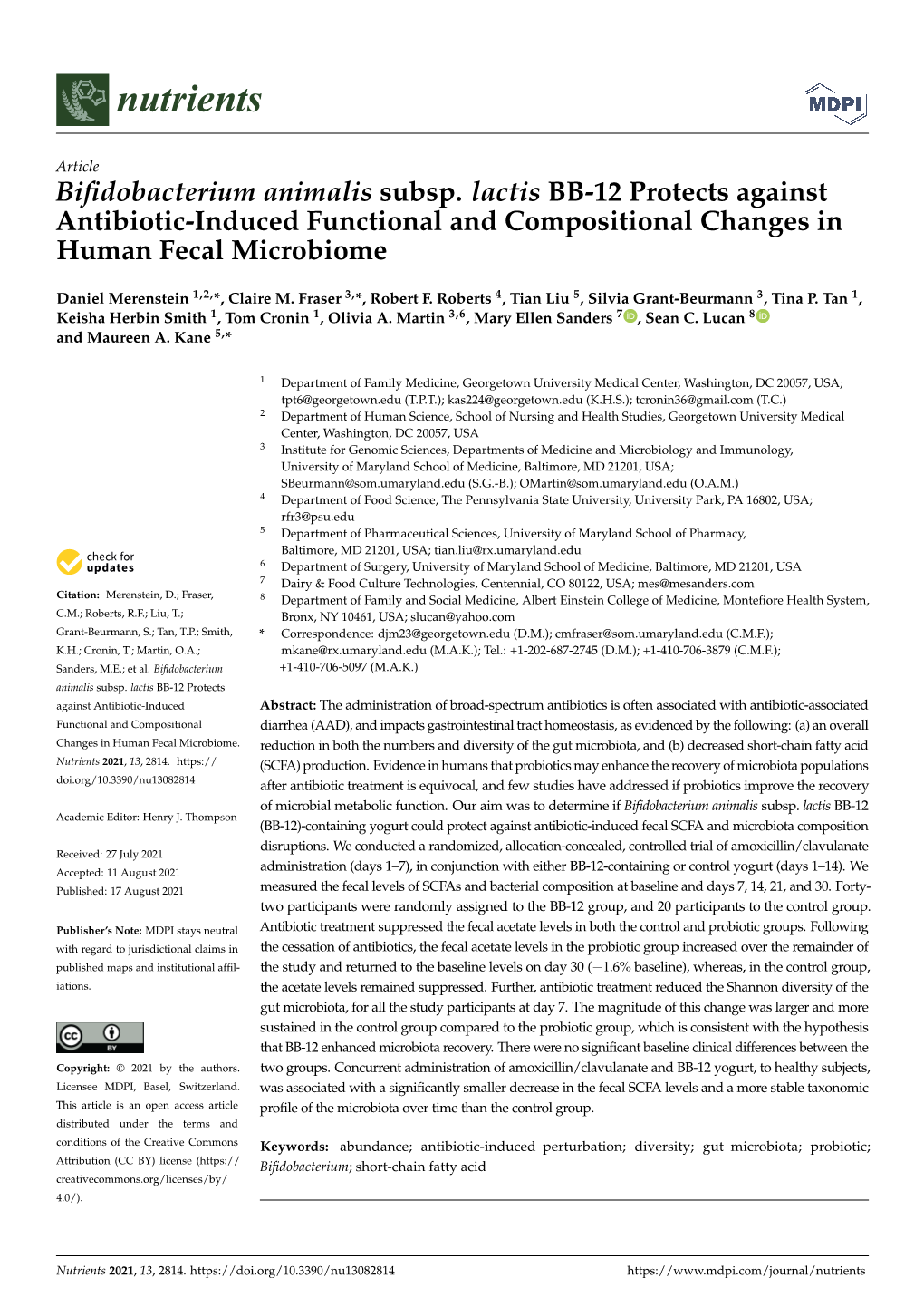 Bifidobacterium Animalis Subsp. Lactis BB-12 Protects Against Antibiotic