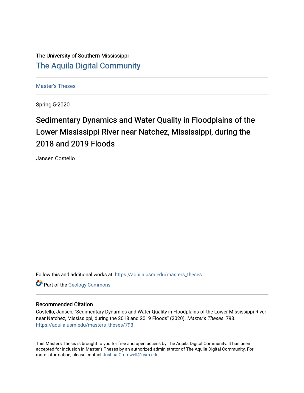 Sedimentary Dynamics and Water Quality in Floodplains of the Lower Mississippi River Near Natchez, Mississippi, During the 2018 and 2019 Floods