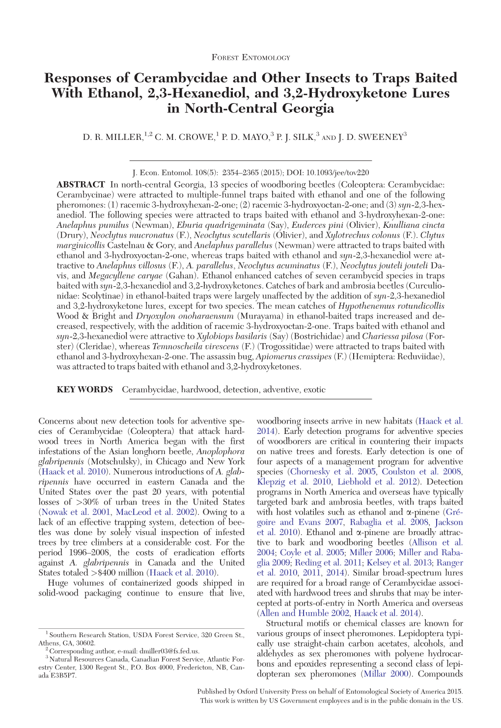 Responses of Cerambycidae and Other Insects to Traps Baited with Ethanol, 2,3-Hexanediol, and 3,2-Hydroxyketone Lures in North-Central Georgia