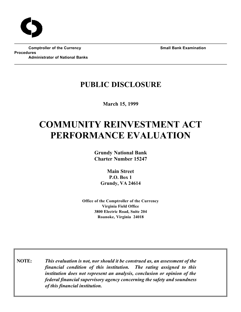 Community Reinvestment Act Performance Evaluation