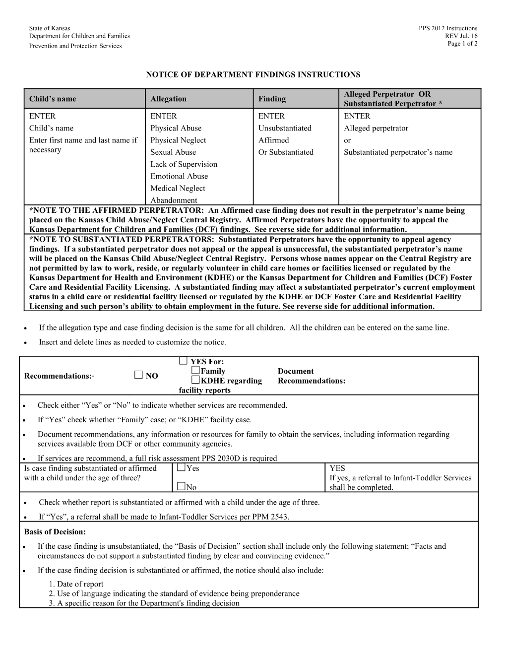 Notice of Department Findings Instructions