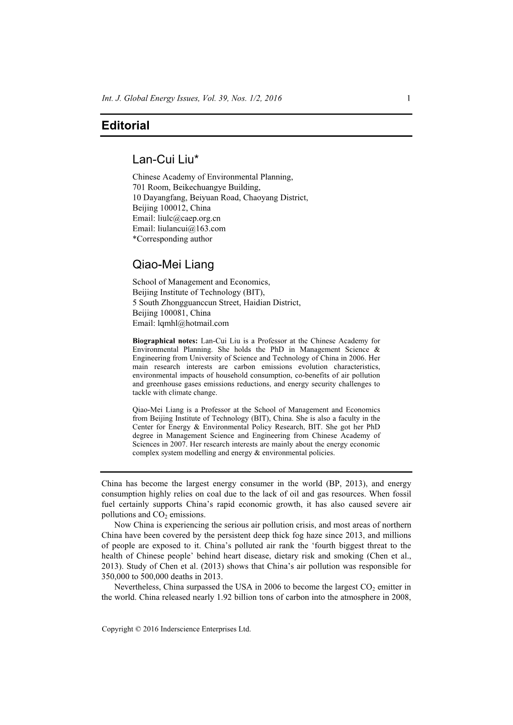 Editorial Lan-Cui Liu* Qiao-Mei Liang