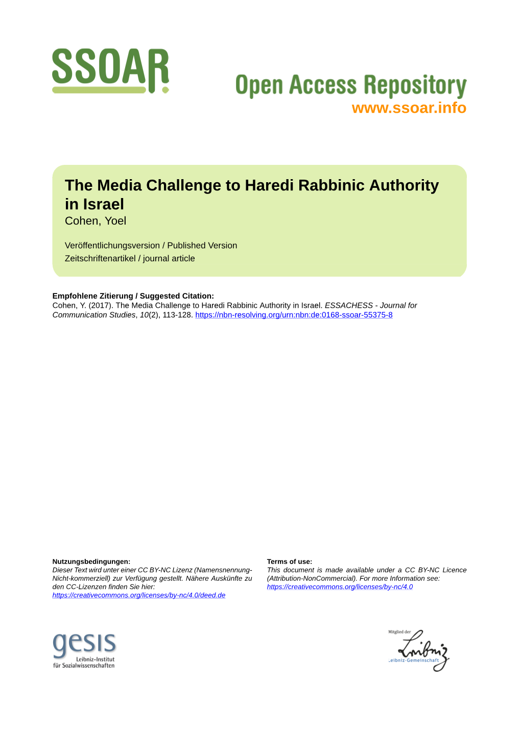 The Media Challenge to Haredi Rabbinic Authority in Israel Cohen, Yoel