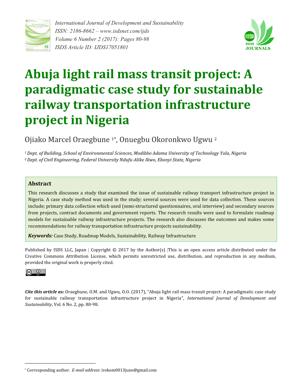 Abuja Light Rail Mass Transit Project: a Paradigmatic Case Study for Sustainable Railway Transportation Infrastructure Project in Nigeria