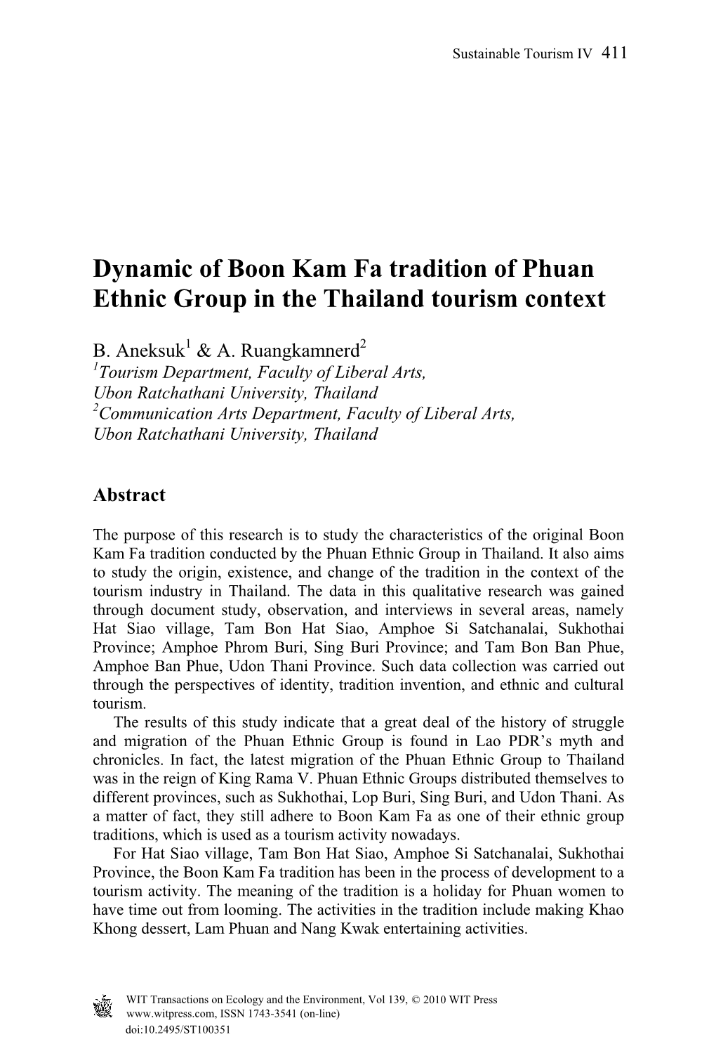 Dynamic of Boon Kam Fa Tradition of Phuan Ethnic Group in the Thailand Tourism Context