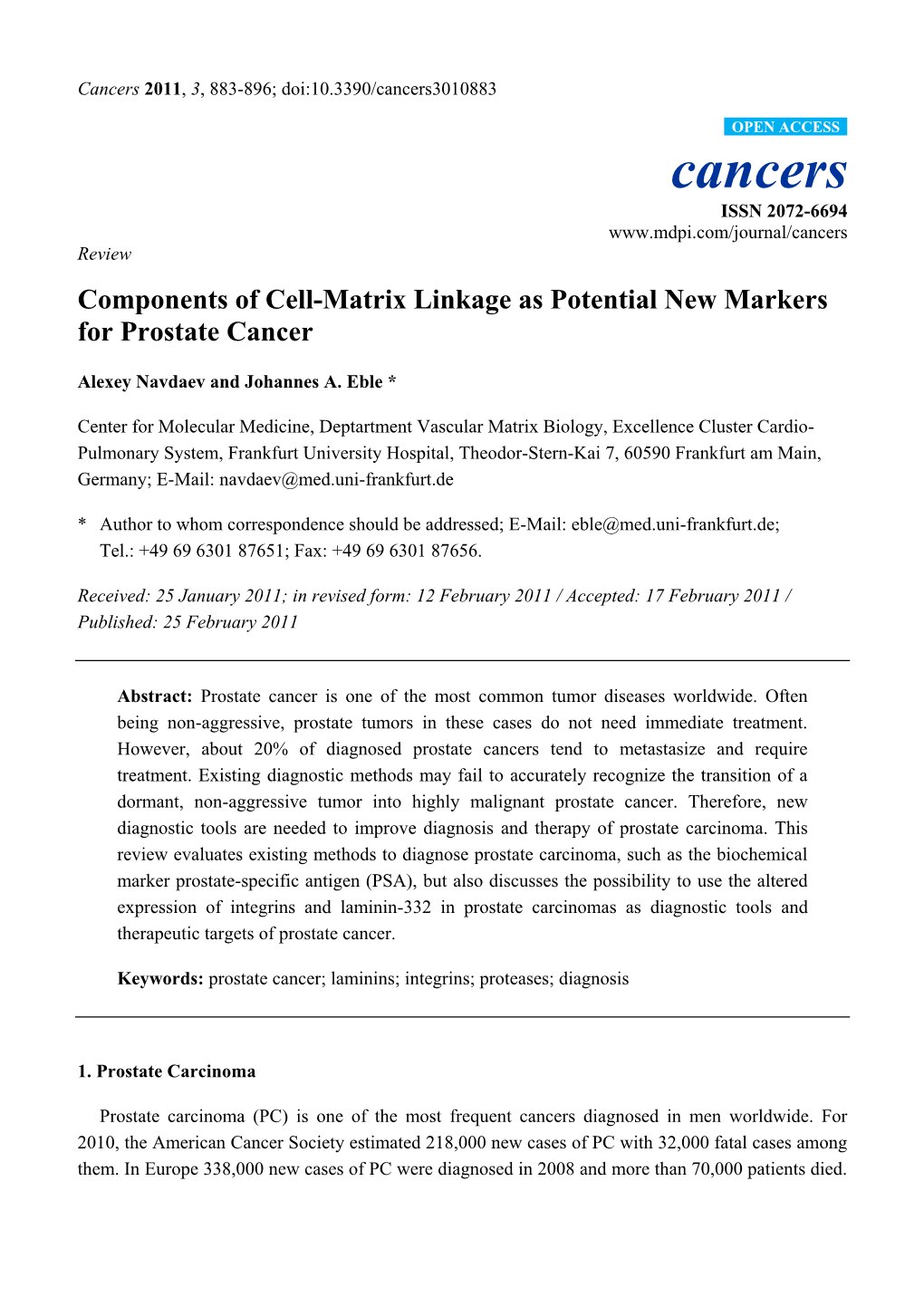 Components of Cell-Matrix Linkage As Potential New Markers for Prostate Cancer