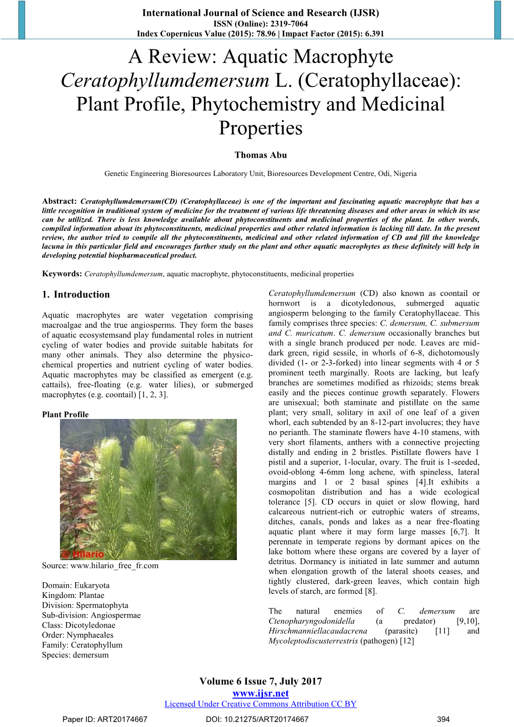 (Ceratophyllaceae): Plant Profile, Phytochemistry and Medicinal Properties