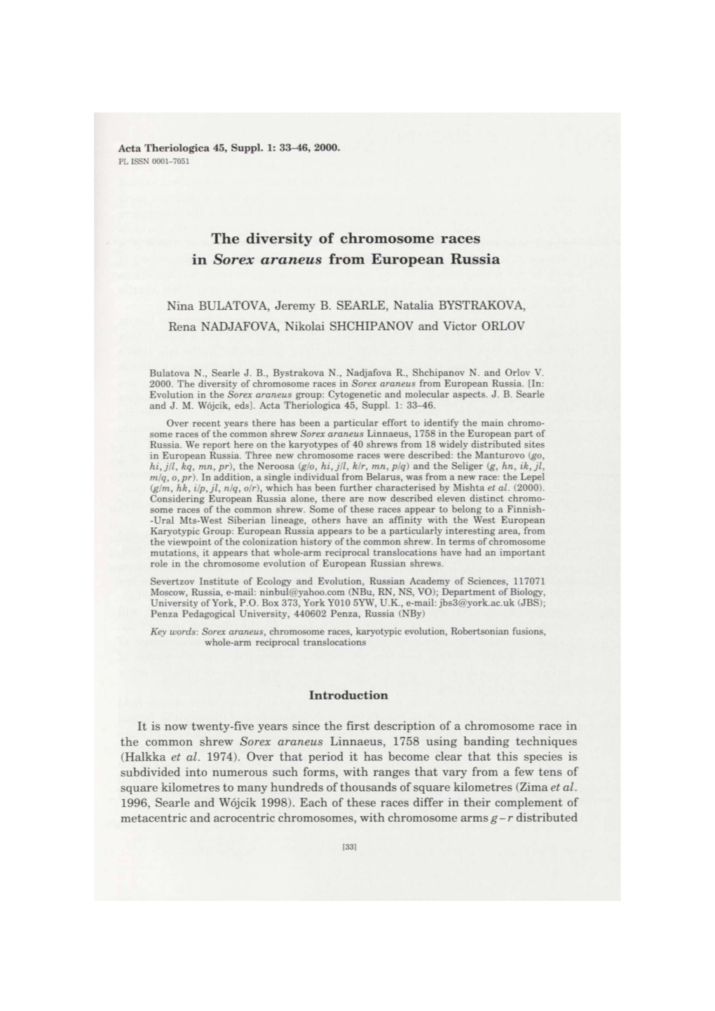 The Diversity of Chromosome Races in Sorex Araneus from European Russia