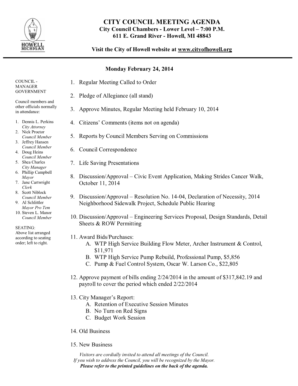 CITY COUNCIL MEETING AGENDA City Council Chambers - Lower Level – 7:00 P.M