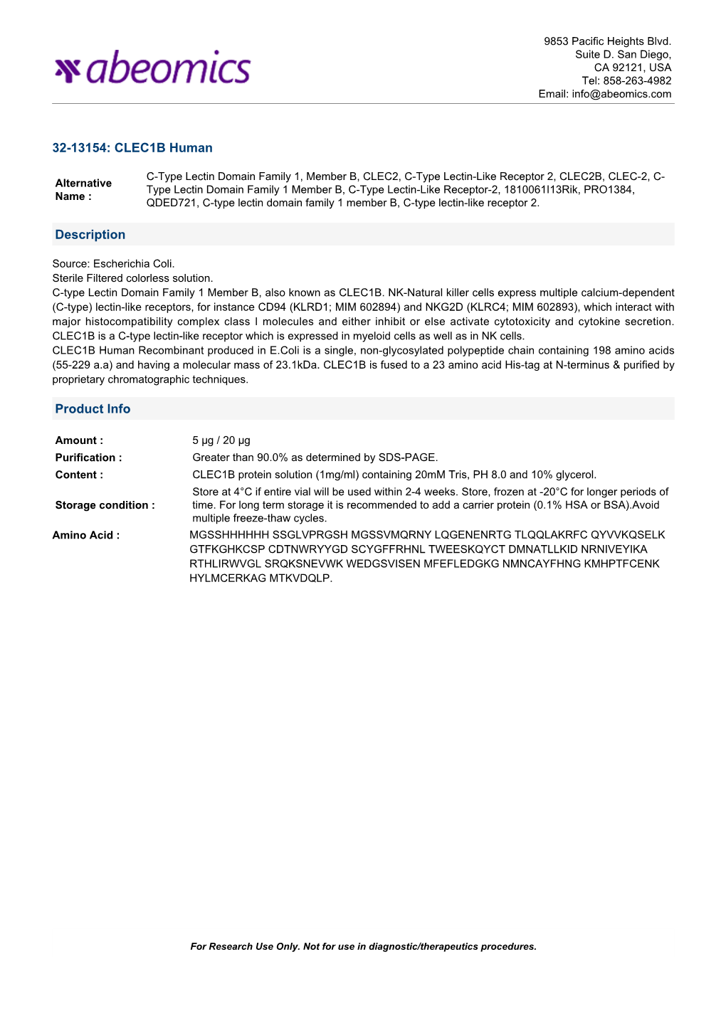 32-13154: CLEC1B Human Description Product Info