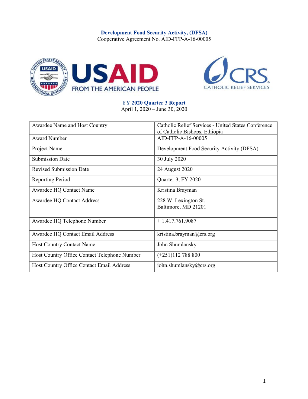 1 Development Food Security Activity, (DFSA) FY 2020 Quarter 3 Report April 1, 2020