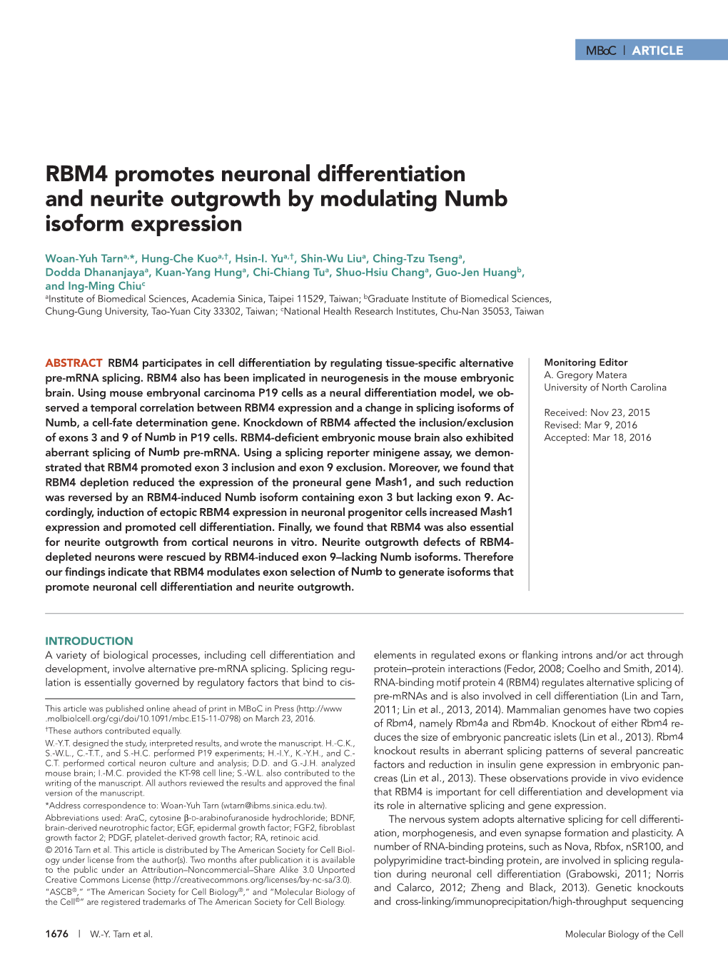 RBM4 Promotes Neuronal Differentiation and Neurite Outgrowth by Modulating Numb Isoform Expression