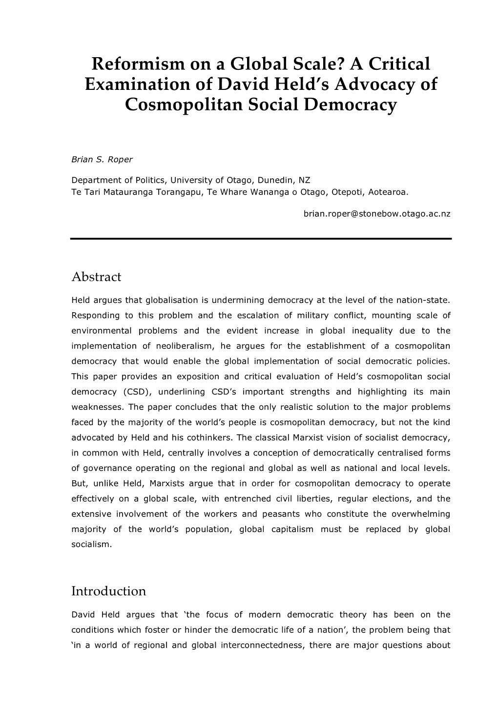 Reformism on a Global Scale? a Critical Examination of David Held’S Advocacy of Cosmopolitan Social Democracy