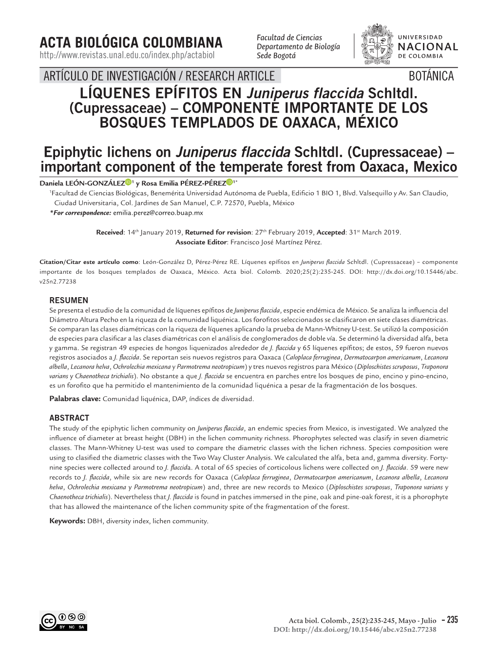 LÍQUENES EPÍFITOS EN Juniperus Flaccida Schltdl. (Cupressaceae) – COMPONENTE IMPORTANTE DE LOS BOSQUES TEMPLADOS DE OAXACA