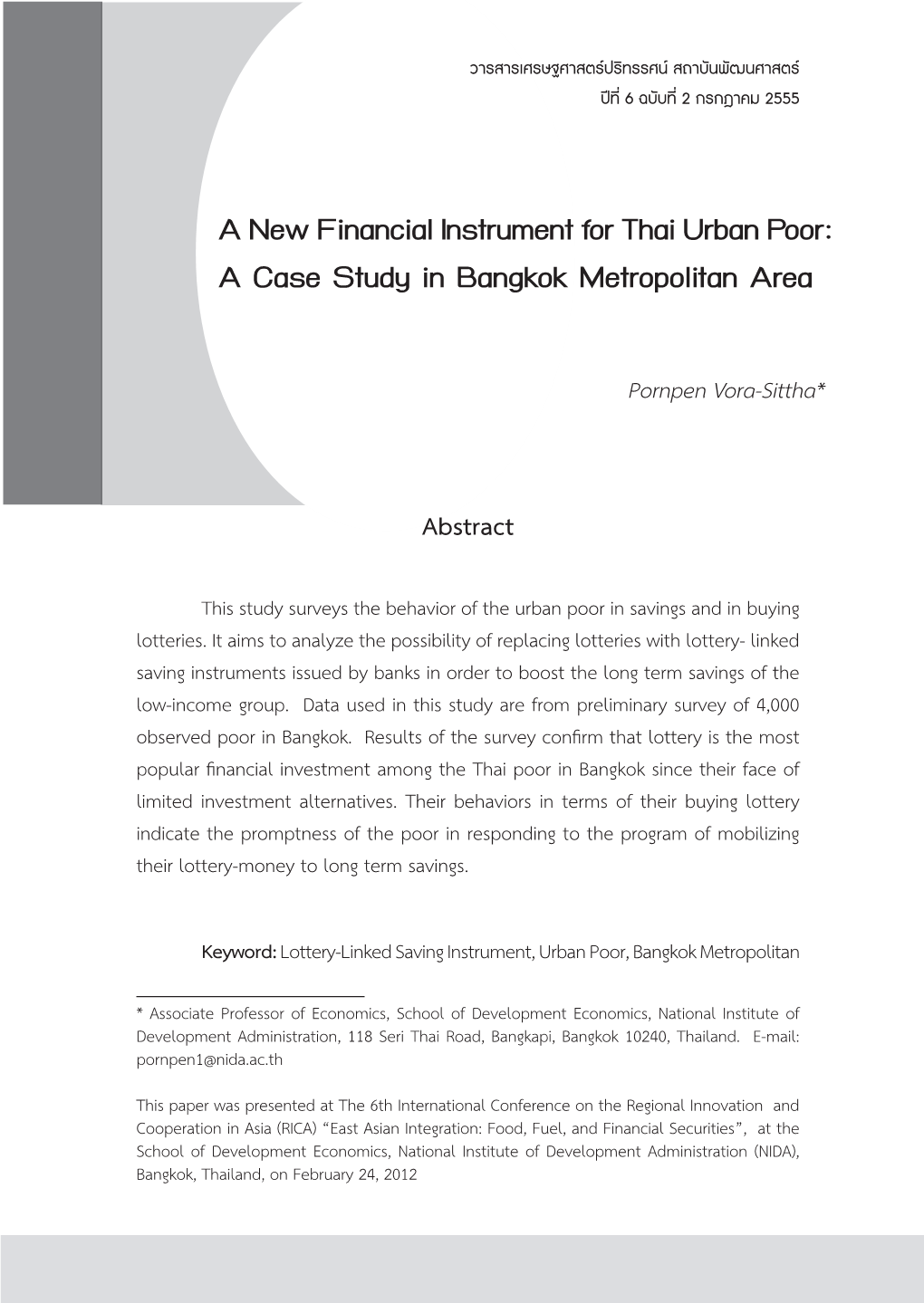 A New Financial Instrument for Thai Urban Poor: a Case Study in Bangkok Metropolitan Area