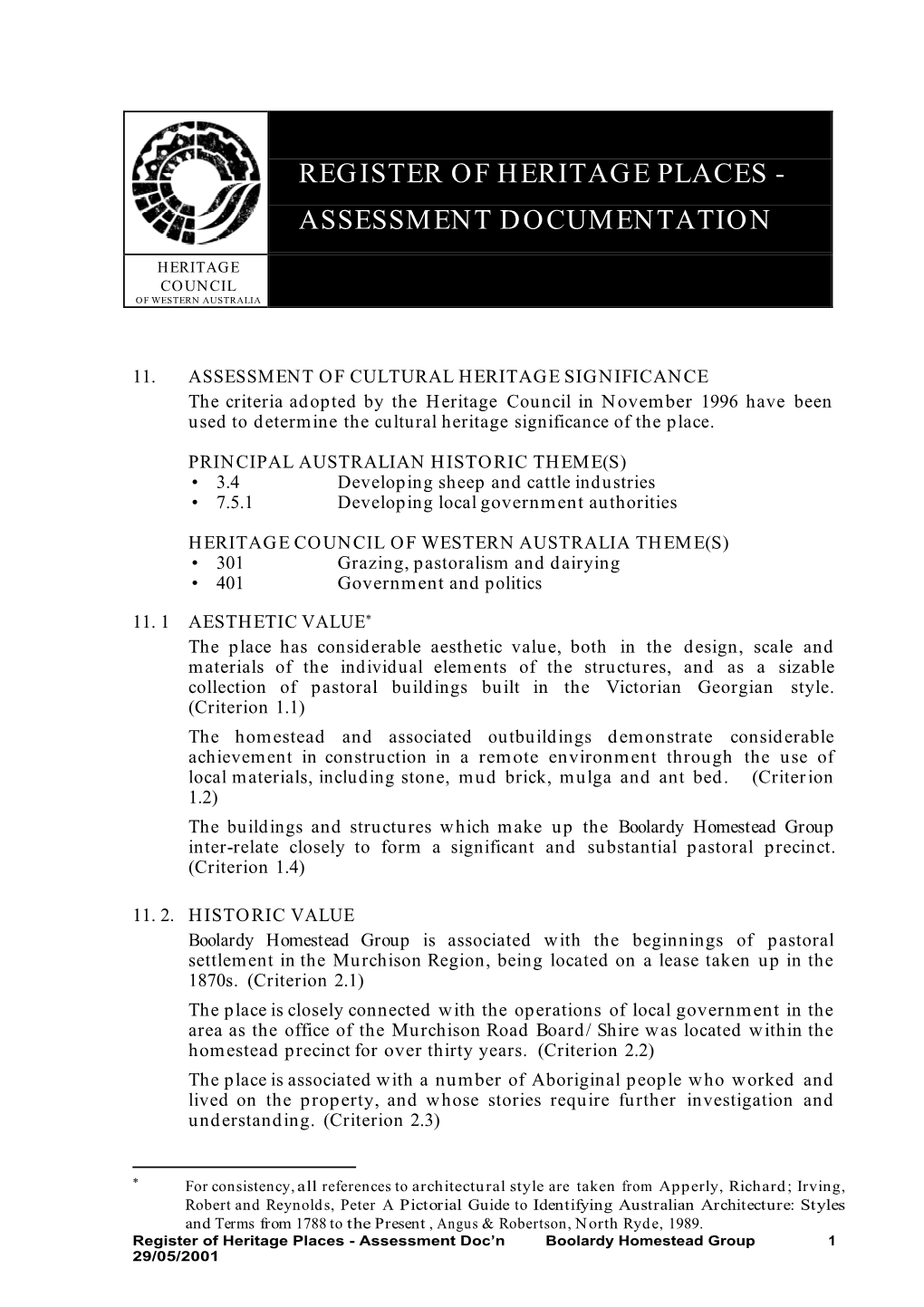 Register of Heritage Places - Assessment Documentation