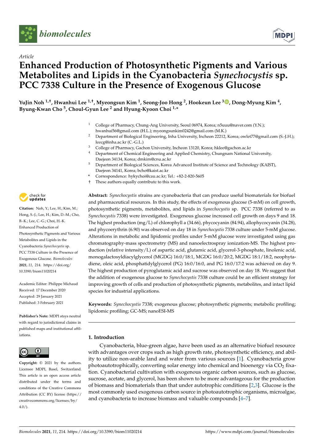 Enhanced Production of Photosynthetic Pigments and Various Metabolites and Lipids in the Cyanobacteria Synechocystis Sp