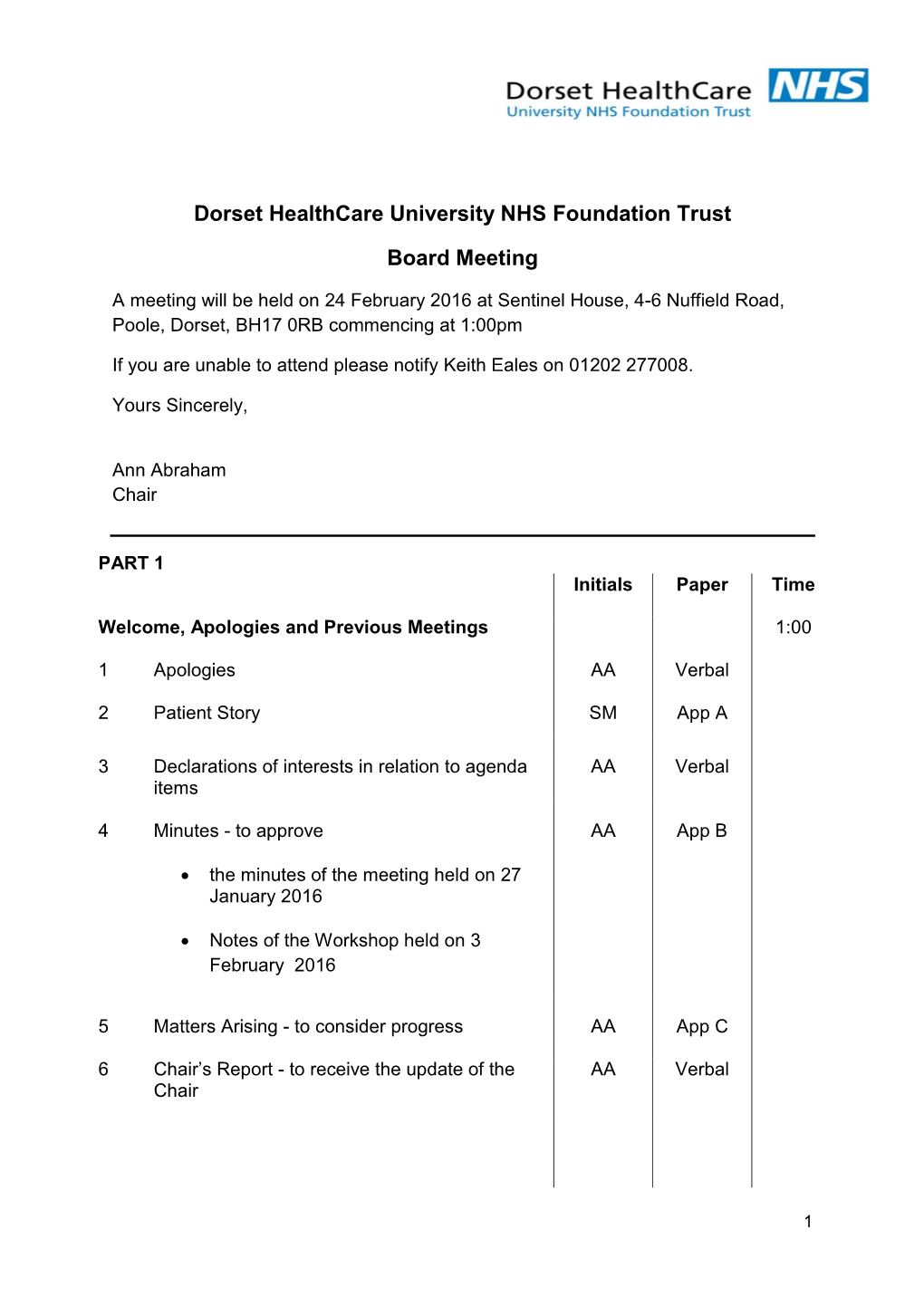 Dorset Healthcare University NHS Foundation Trust Board Meeting