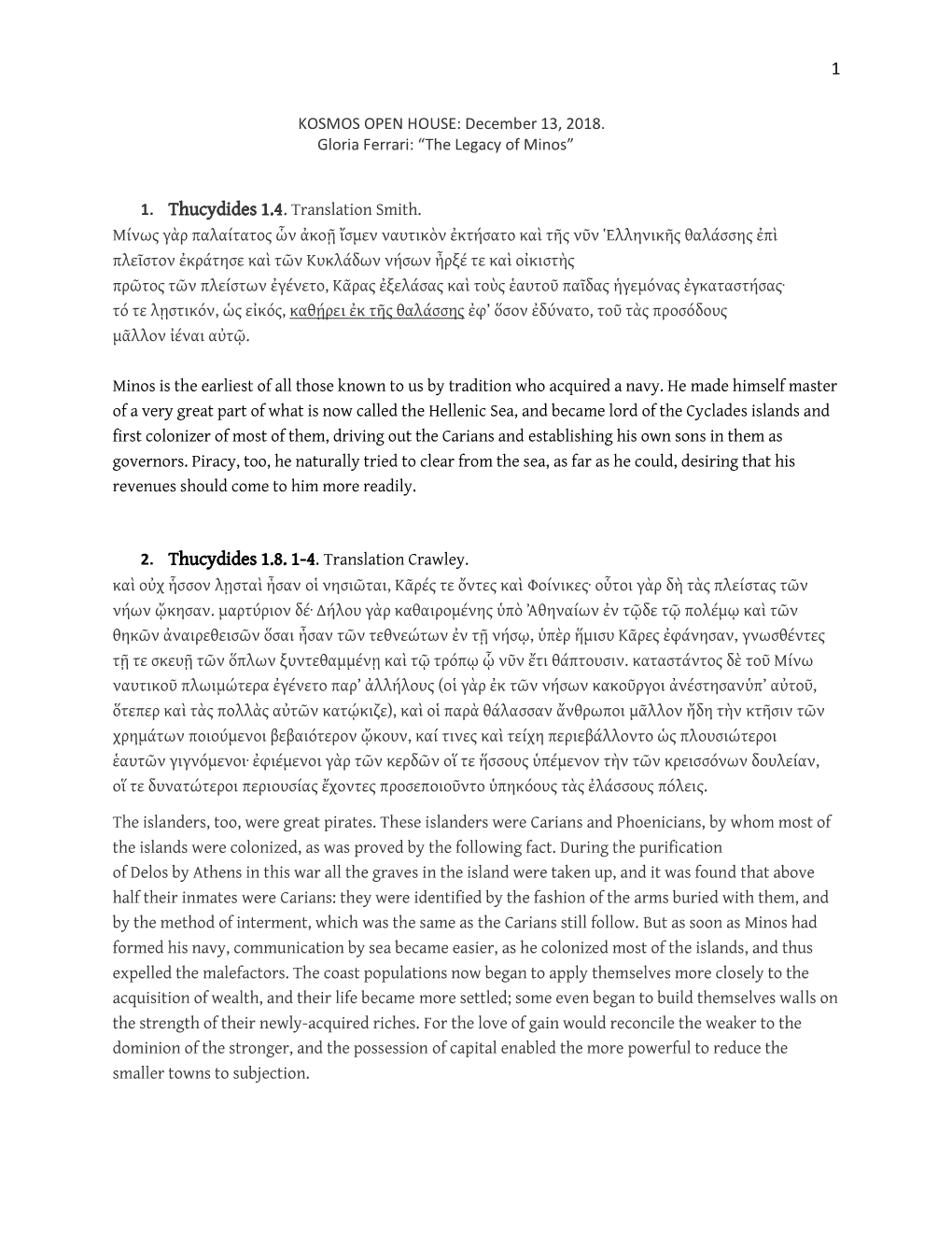 1 2. Thucydides 1.8. 1-4. Translation Crawley