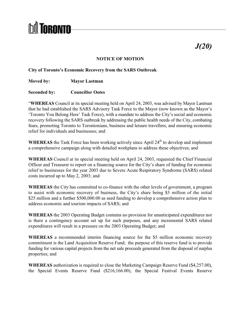 NOTICE of MOTION City of Toronto's Economic Recovery from the SARS