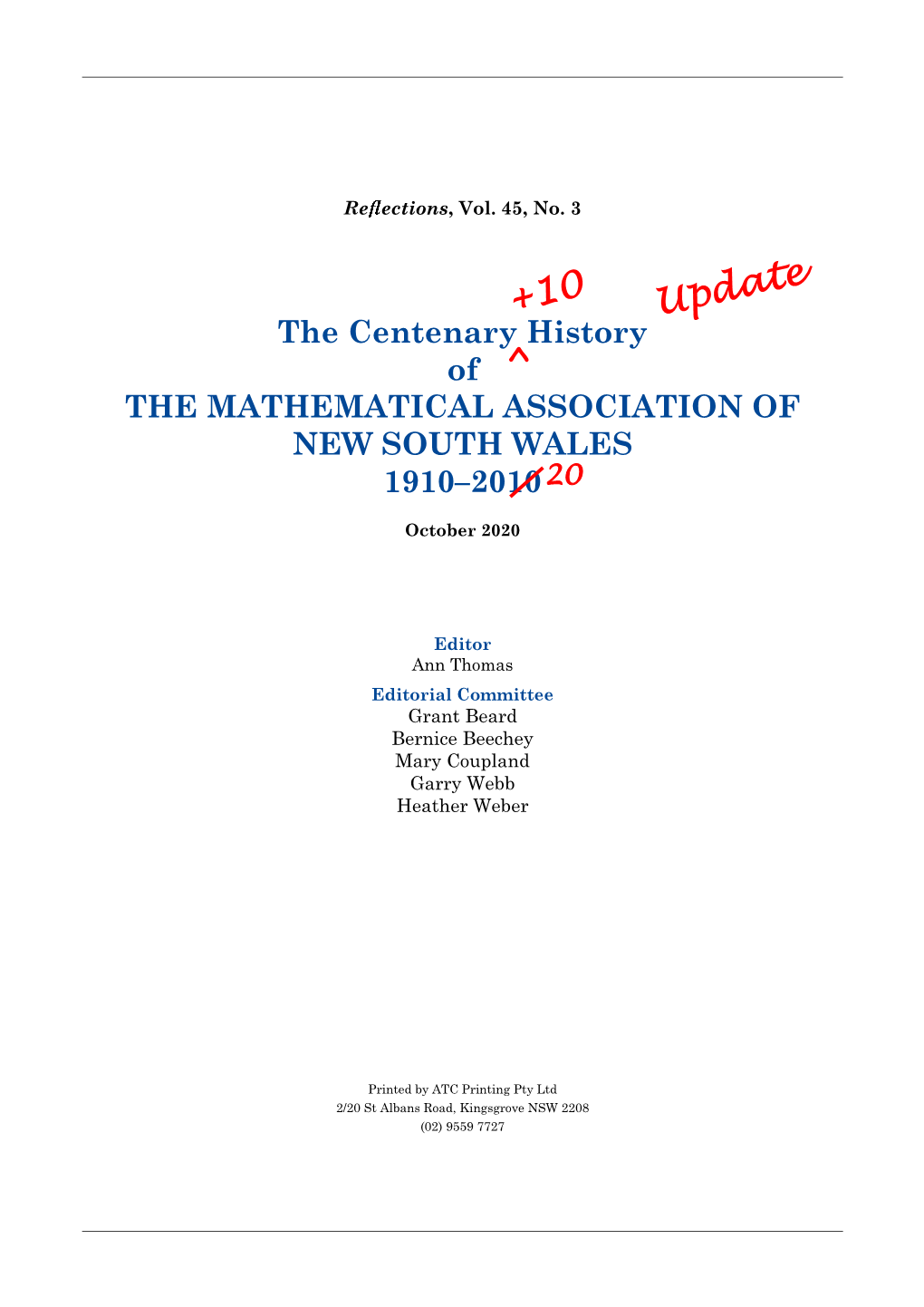 The Centenary History of the Mathematical Association of New South Wales, Written by Graeme L