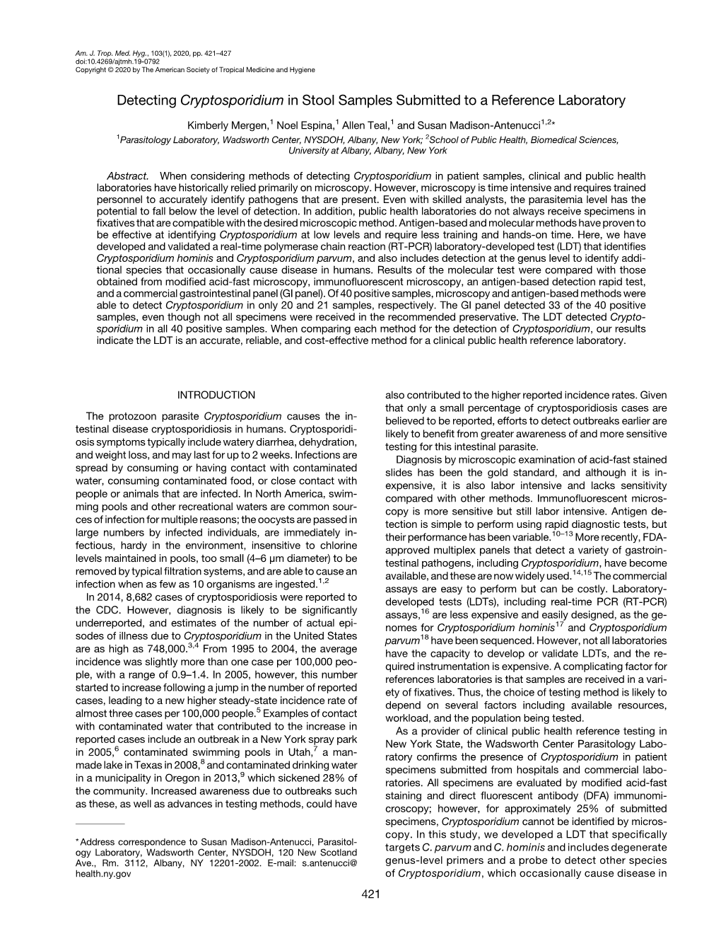 Detecting Cryptosporidium in Stool Samples Submitted to a Reference Laboratory