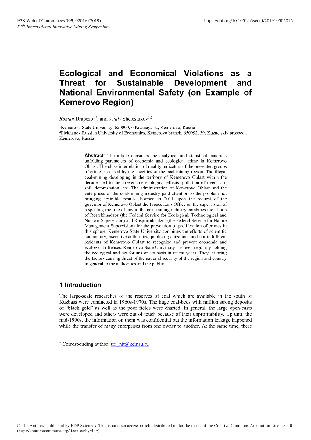 Ecological and Economical Violations As a Threat for Sustainable Development and National Environmental Safety (On Example of Kemerovo Region)