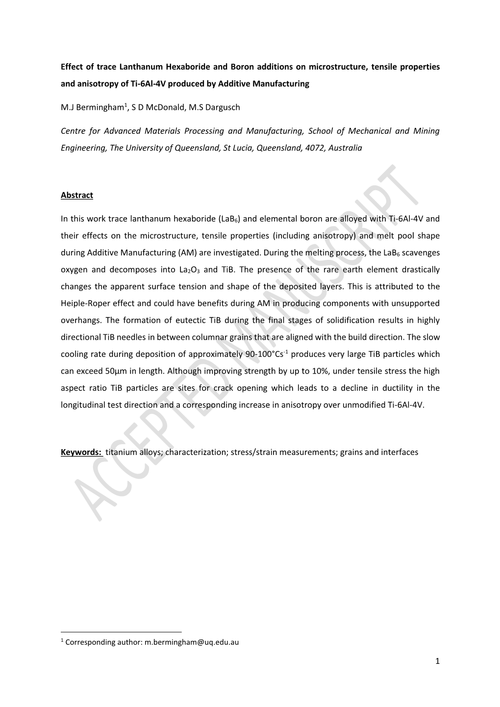 1 Effect of Trace Lanthanum Hexaboride and Boron Additions on Microstructure, Tensile Properties and Anisotropy of Ti-6Al-4V