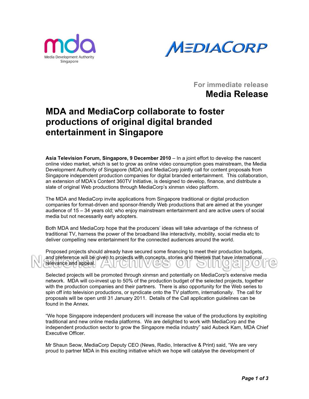 Media Release MDA and Mediacorp Collaborate to Foster Productions Of