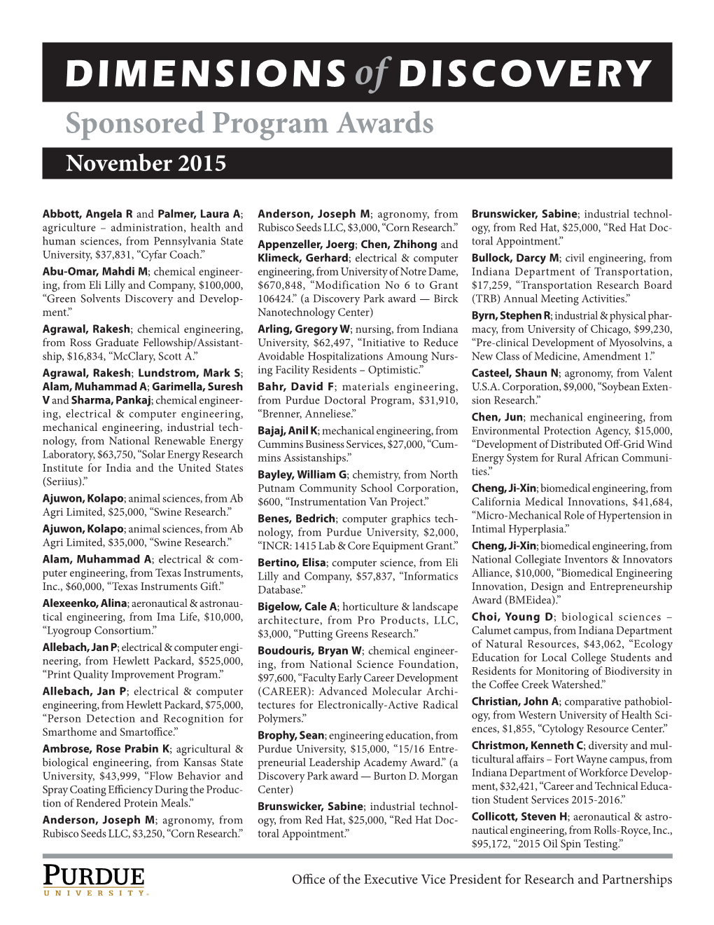 DIMENSIONS of DISCOVERY Sponsored Program Awards November 2015