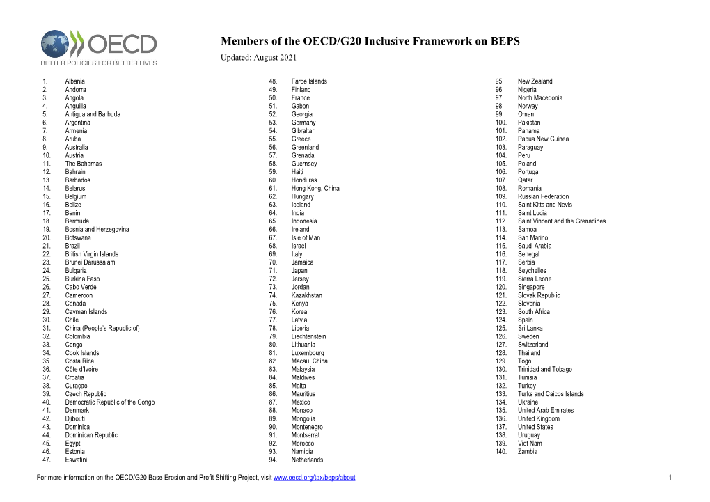 Members of the OECD/G20 Inclusive Framework on BEPS Updated: August 2021