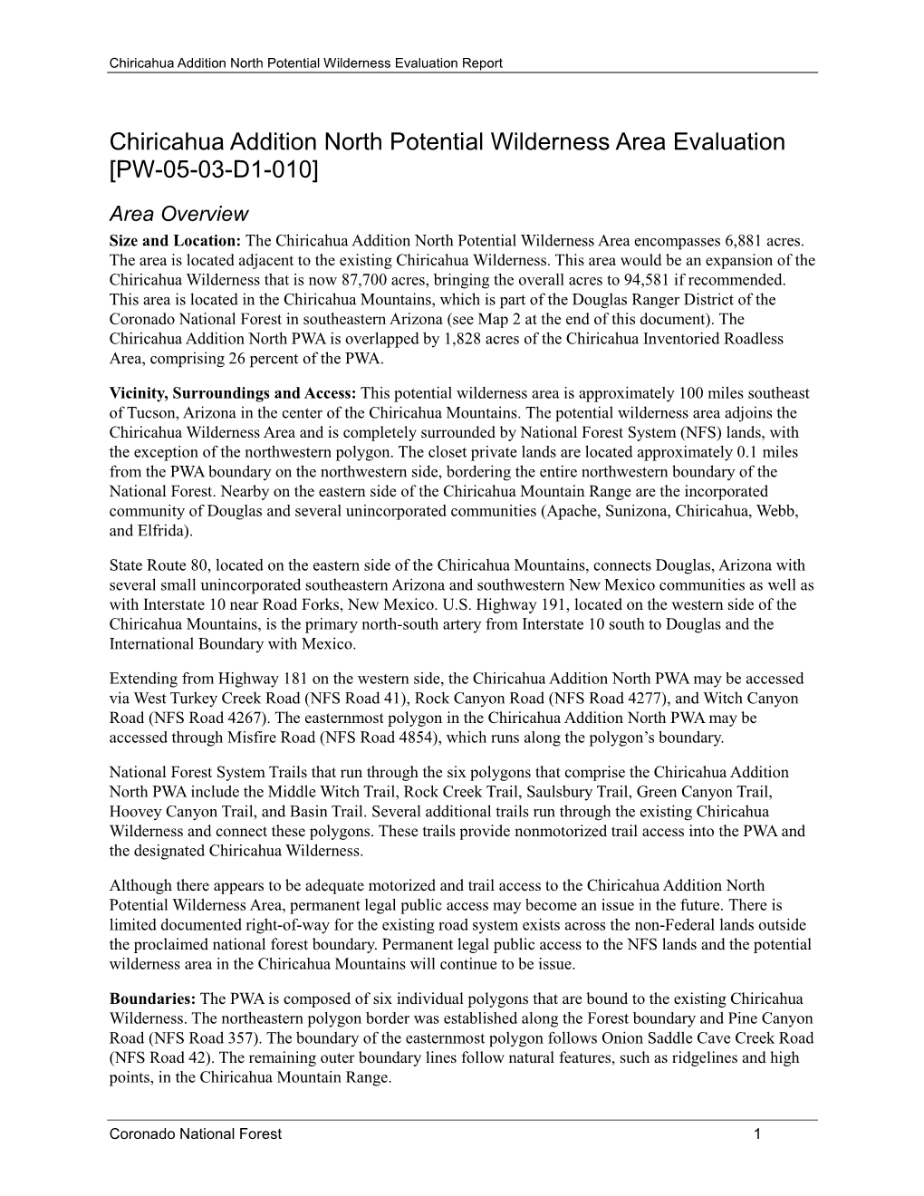 Chiricahua Addition North Potential Wilderness Evaluation Report