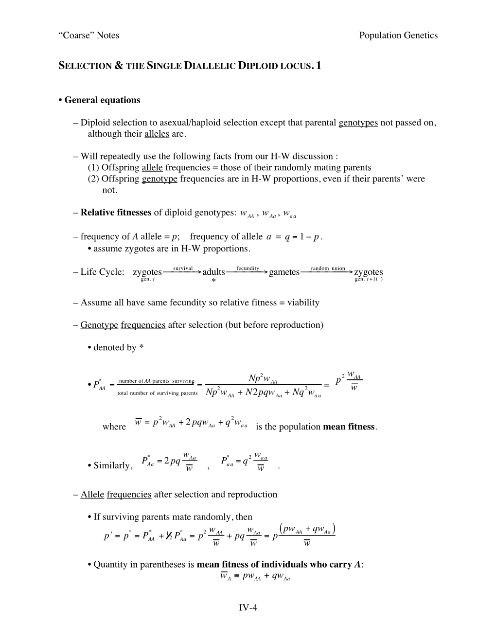 “Coarse” Notes Population Genetics IV-4 • General Equations – Diploid