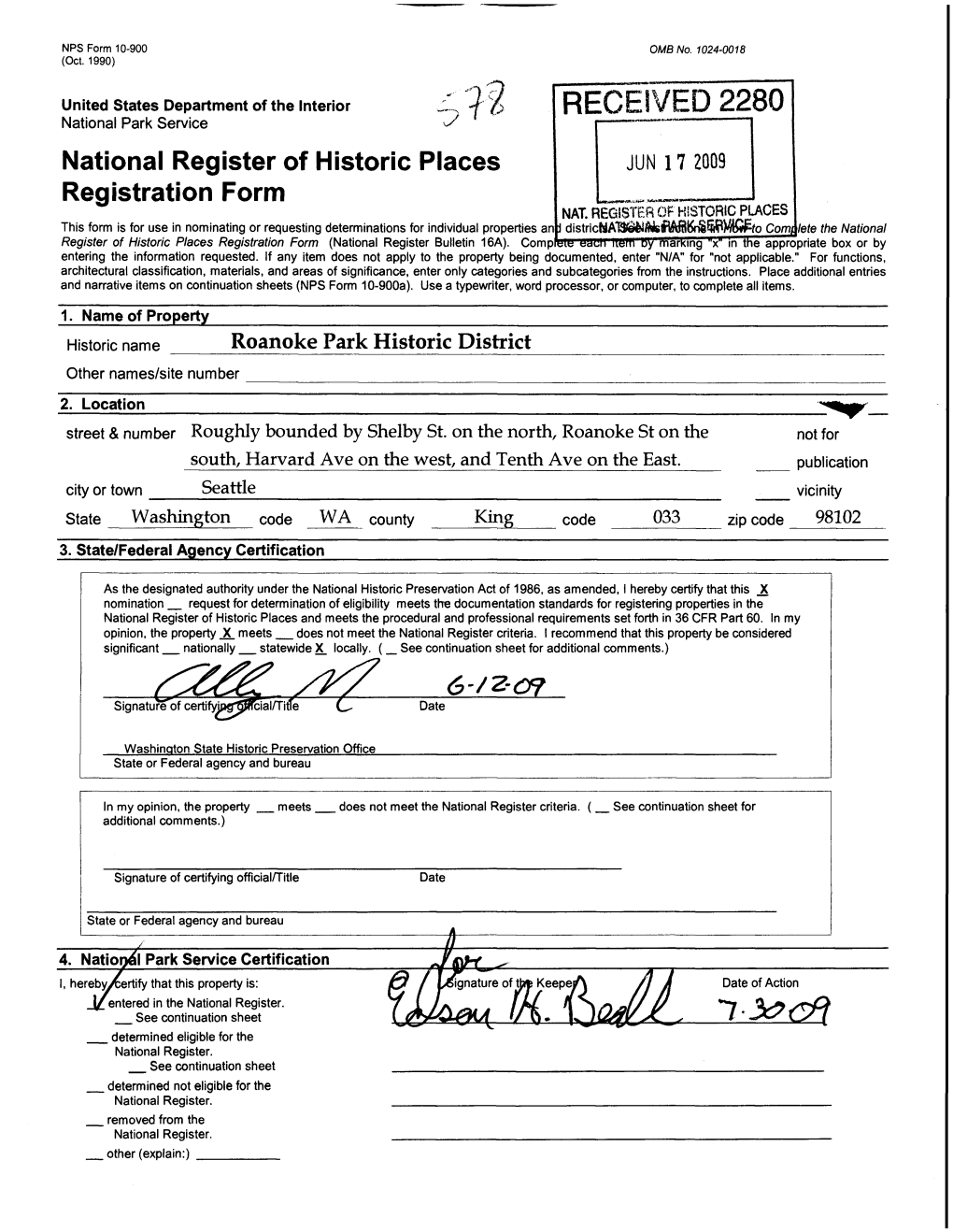 RECEIVED 2280 National Park Service National Register of Historic Places JUN 1 7 2009 Registration Form NAT