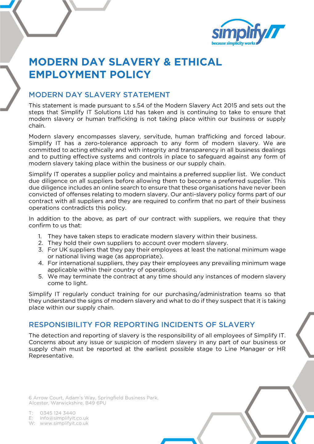 Modern Day Slavery & Ethical Employment Policy