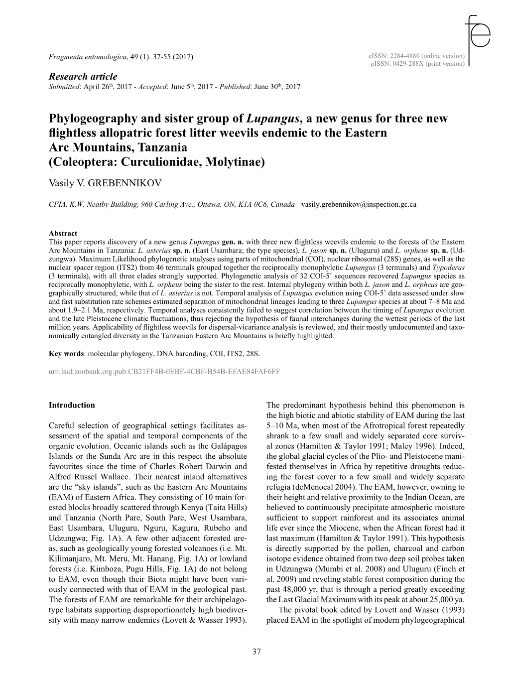 Phylogeography and Sister Group of Lupangus, a New Genus for Three