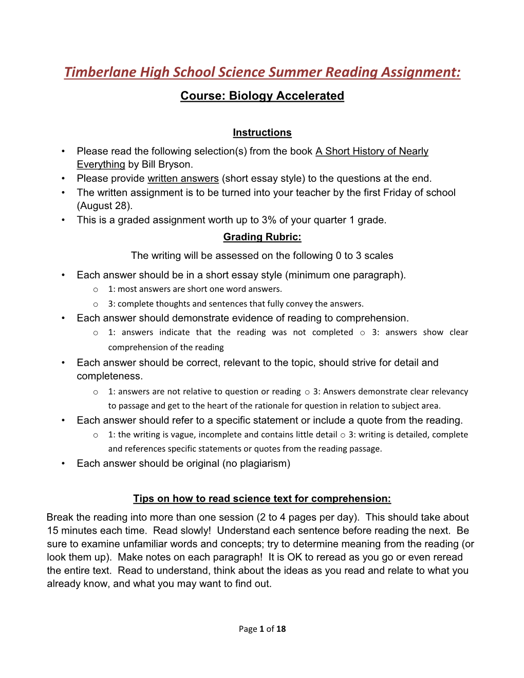 Timberlane High School Science Summer Reading Assignment